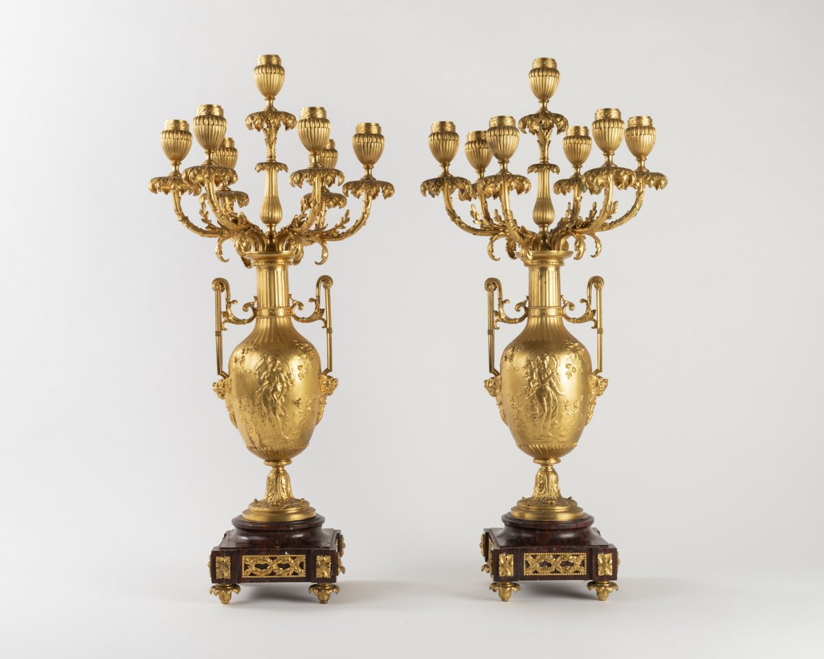 Paire de Candelabres 19ème de stle Louis XVI en Marbre et Bronze Doré 