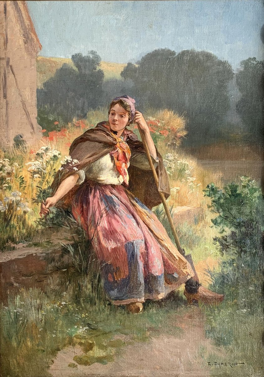 émile-charles Dameron (1848-1908) - Young Shepherdess - Oil On Canvas-photo-2