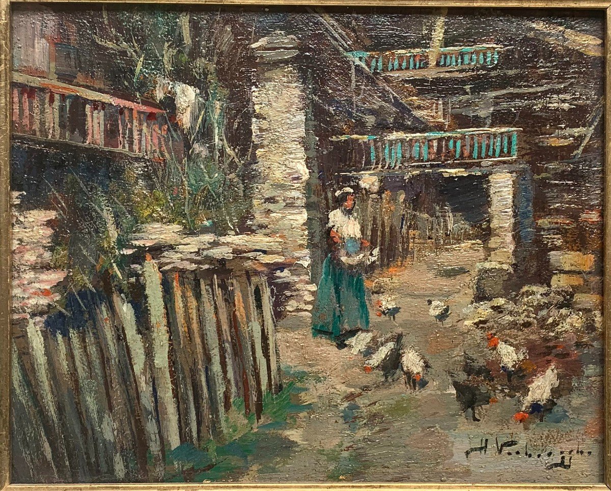 Charles Henri Verbrugghe (1877-1974) - Lively Farmyard Scene - Oil - Montparnasse Frame-photo-2
