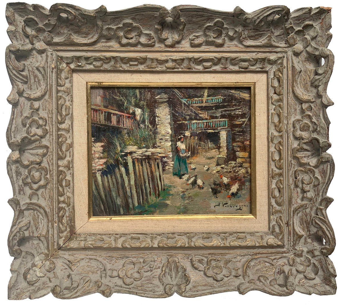 Charles Henri Verbrugghe (1877-1974) - Lively Farmyard Scene - Oil - Montparnasse Frame