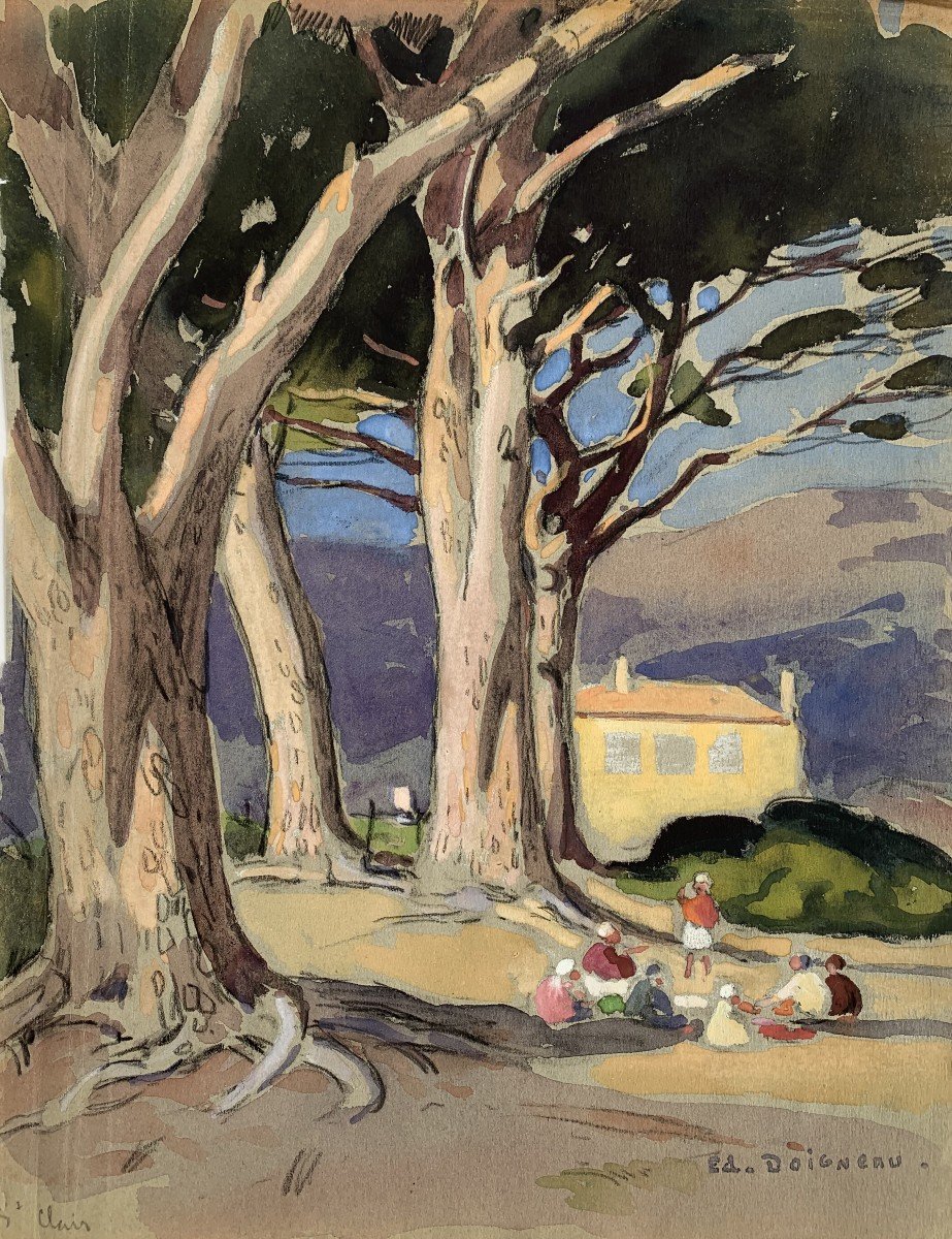 édouard Doigneau (1865-1954) - Animation In Saint-clair (ardèche) - Watercolor 