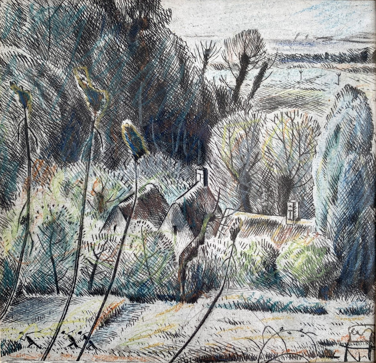 Adolphe BEAUFRÈRE (1876-1960) - Les loges Telgruc - Eau-forte rehaussée au pastel - Bretagne