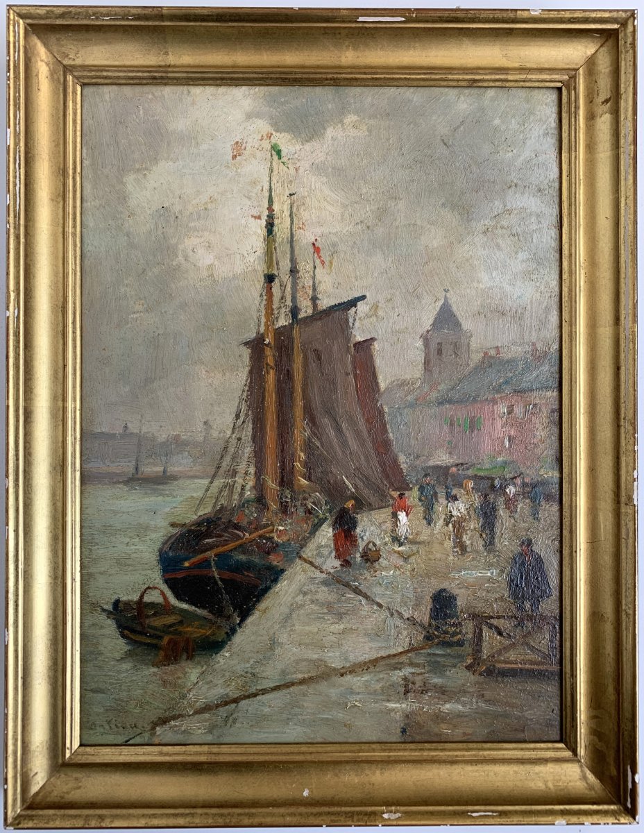 Paul Ortiou (1867-?) - Huile, Bateau à Quai, Marine, Port Animé-photo-2