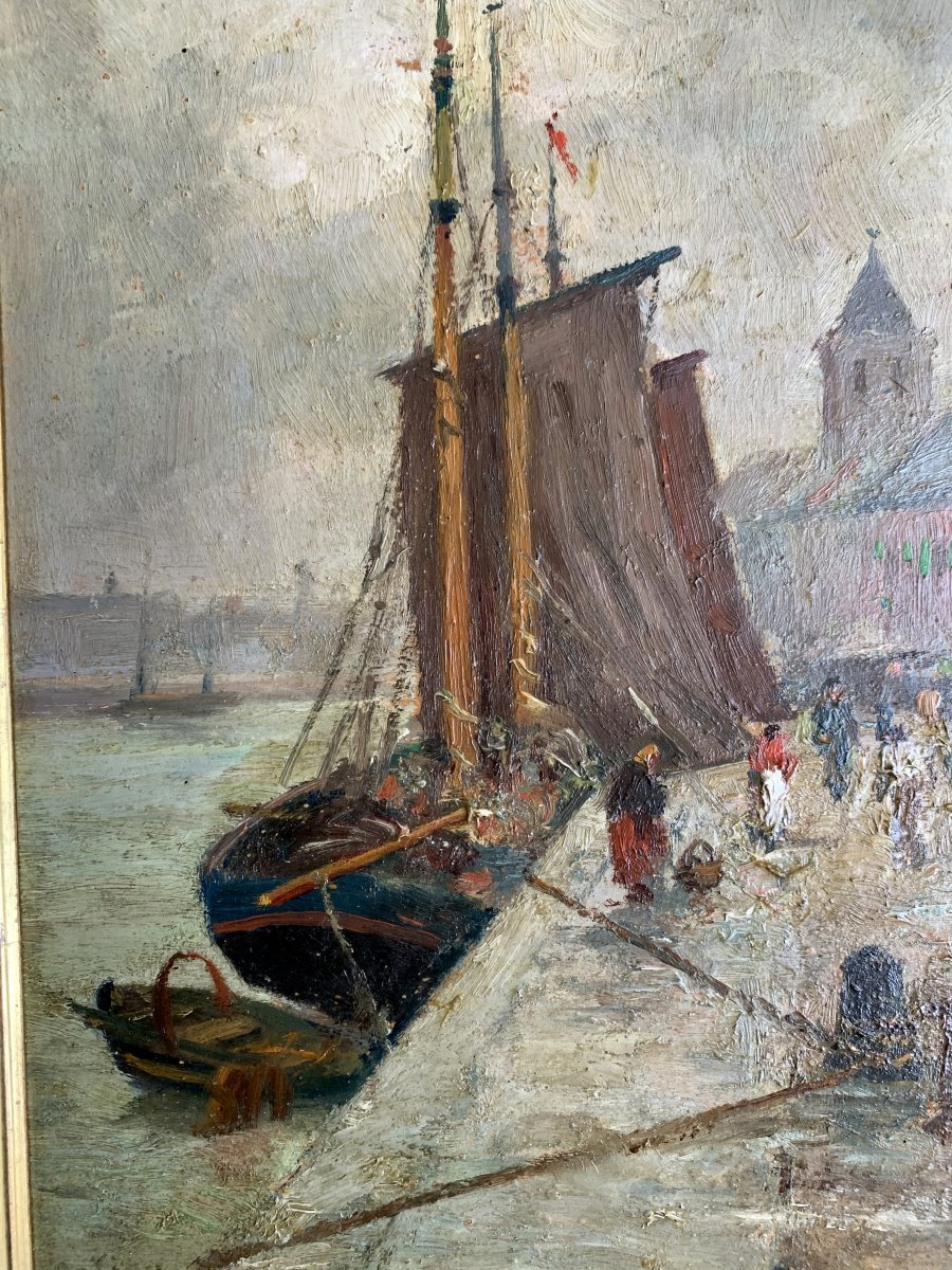 Paul Ortiou (1867-?) - Huile, Bateau à Quai, Marine, Port Animé-photo-3