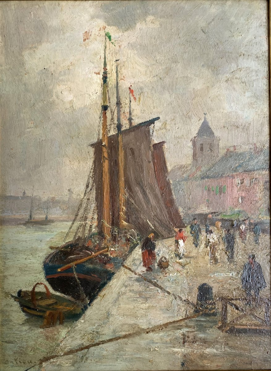 Paul Ortiou (1867-?) - Huile, Bateau à Quai, Marine, Port Animé