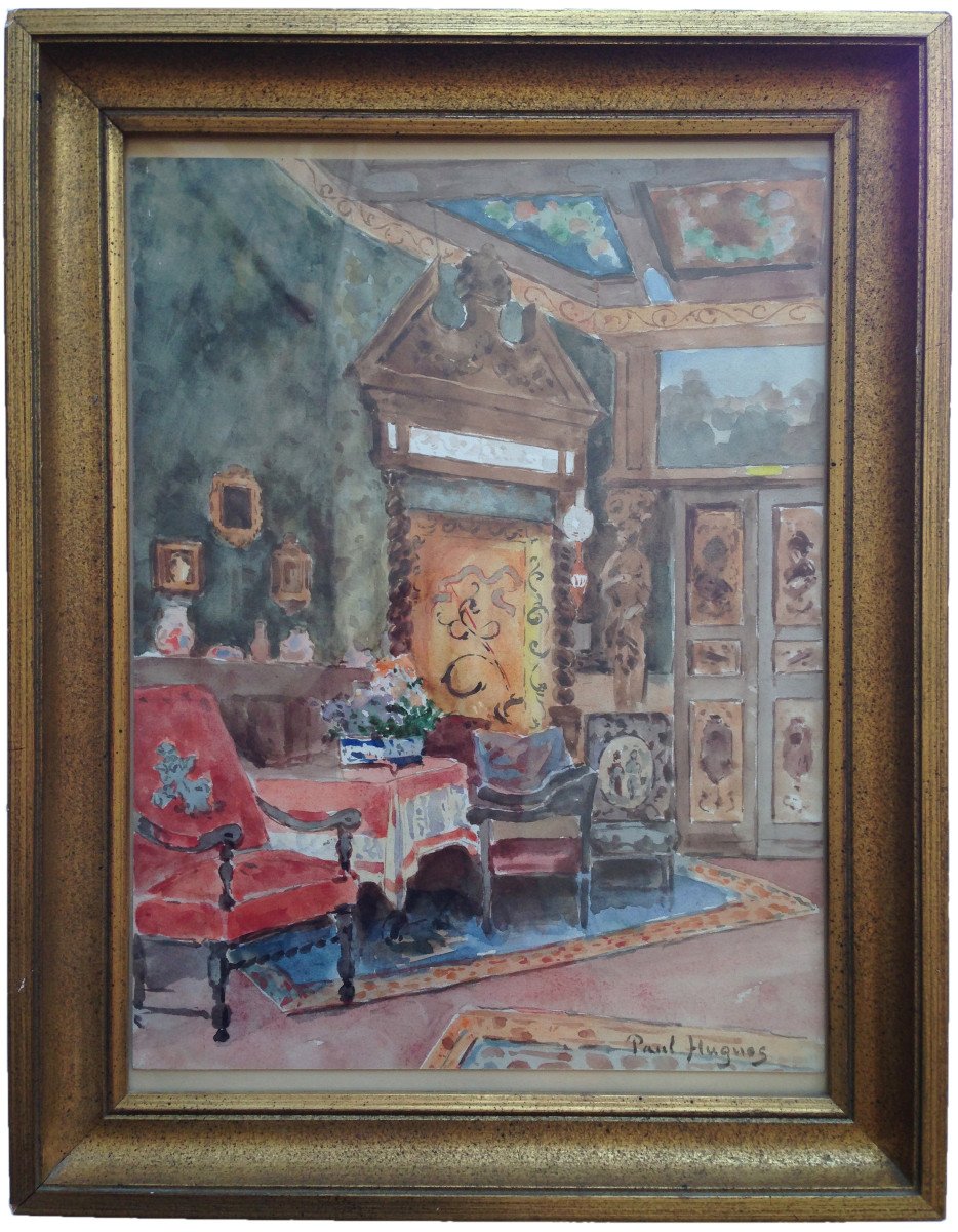 Paul HUGUES (1891-1950) - Aquarelle - Intérieur de style Louis XIII-photo-2