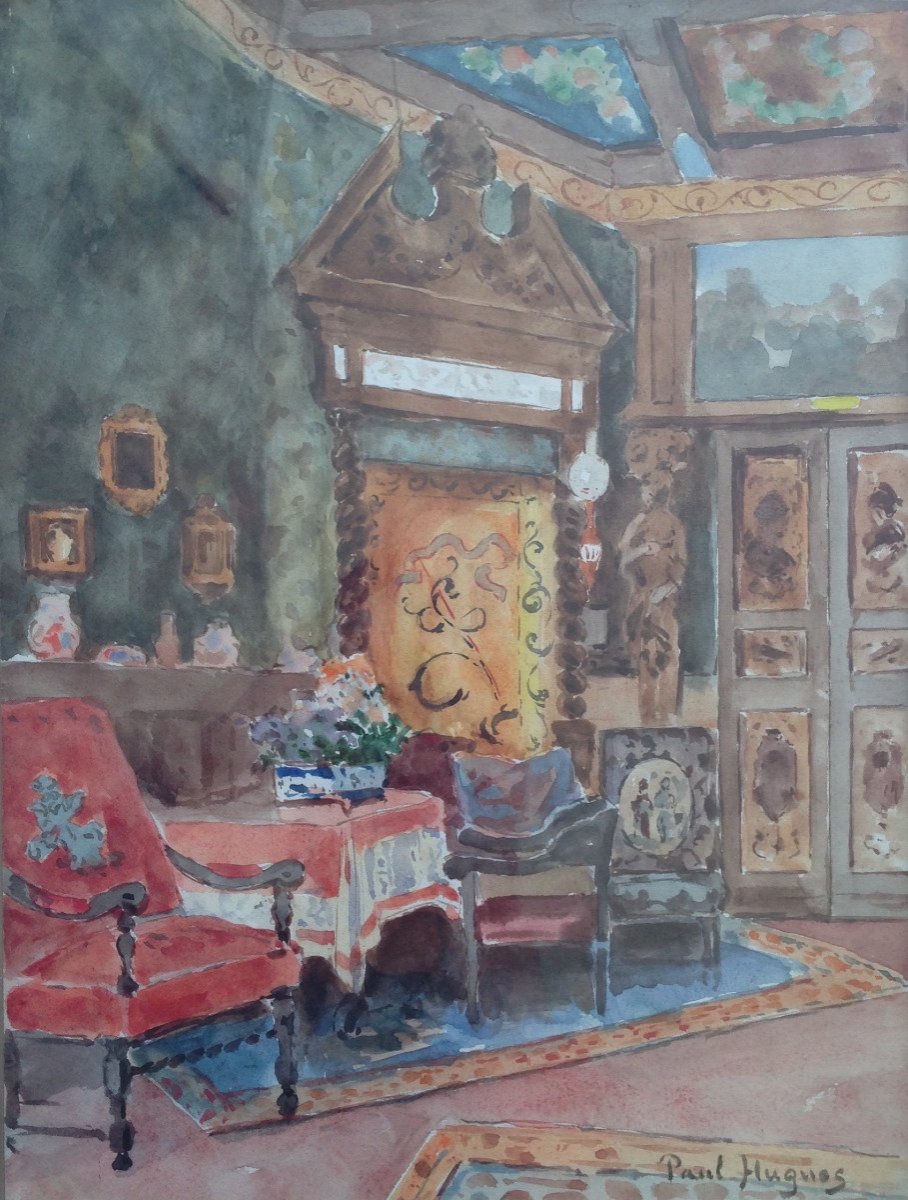 Paul HUGUES (1891-1950) - Aquarelle - Intérieur de style Louis XIII