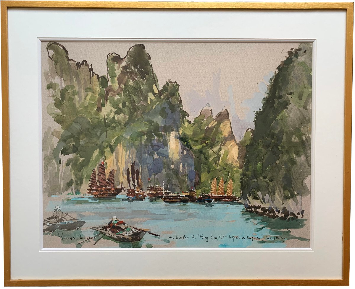 Ronan Olier - Painter Of The Navy - Halong Bay, Vietnam - Large Gouache - Orientalism-photo-2