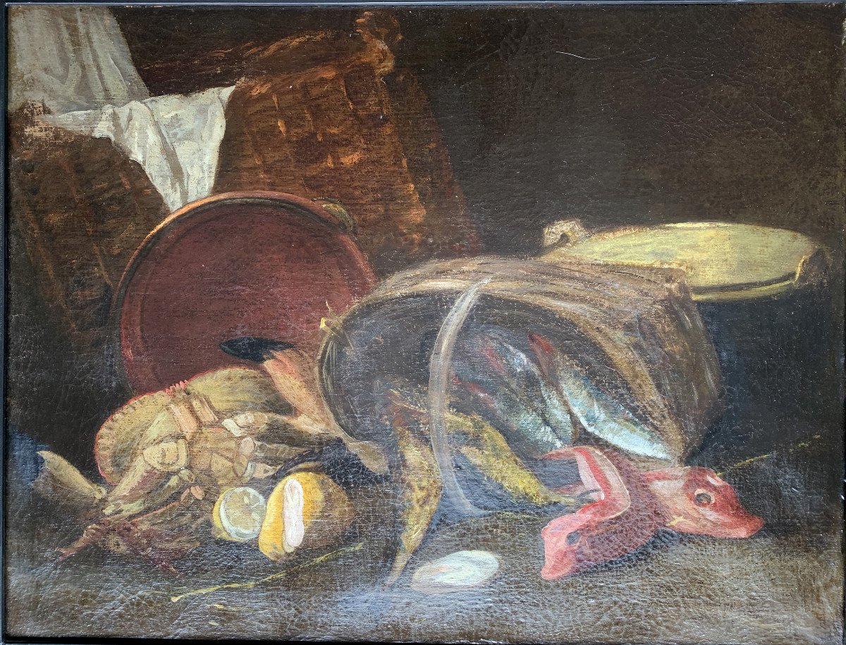 18th Century French School - Still Life With Fishes - Oil On Canvas-photo-2