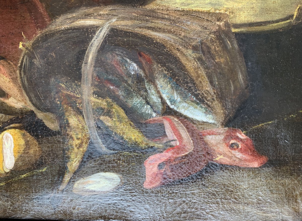 18th Century French School - Still Life With Fishes - Oil On Canvas-photo-3