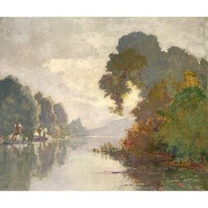 Léon Broquet (1869-1935) - River Landscape - Oil On Canvas