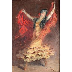 René Péan (1875-1955) - Spanish Dancer, Flamenco - Oil