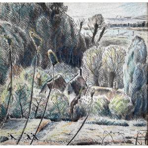 Adolphe BEAUFRÈRE (1876-1960) - Les loges Telgruc - Eau-forte rehaussée au pastel - Bretagne