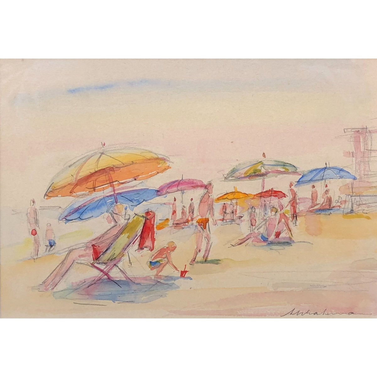 Aquarelle d'une plage d'Arthur Schachenmann peintre alsacien (1893-1978)