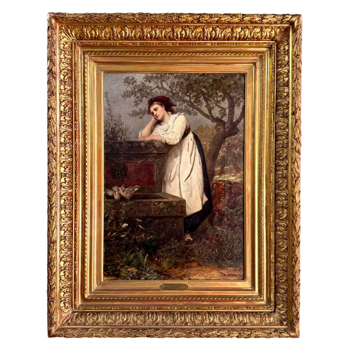 Reverie, Young Girl At The Fountain And Two Doves. Signed C. Pabst 