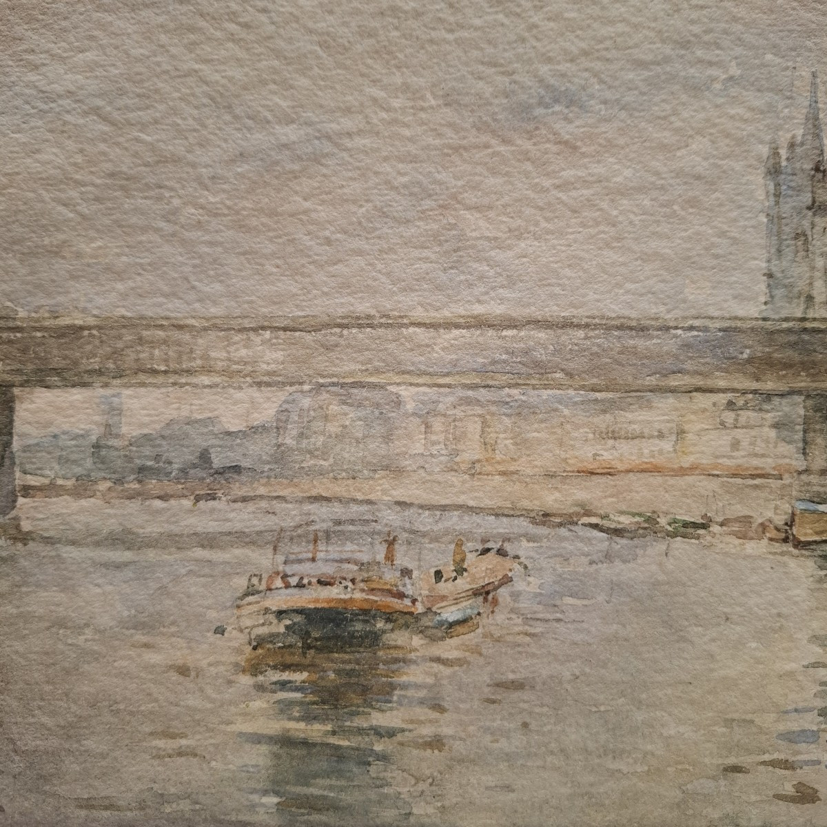 View Of London's Tower Bridge And Its Boats, Watercolor Attributed To Frank Boggs -photo-3
