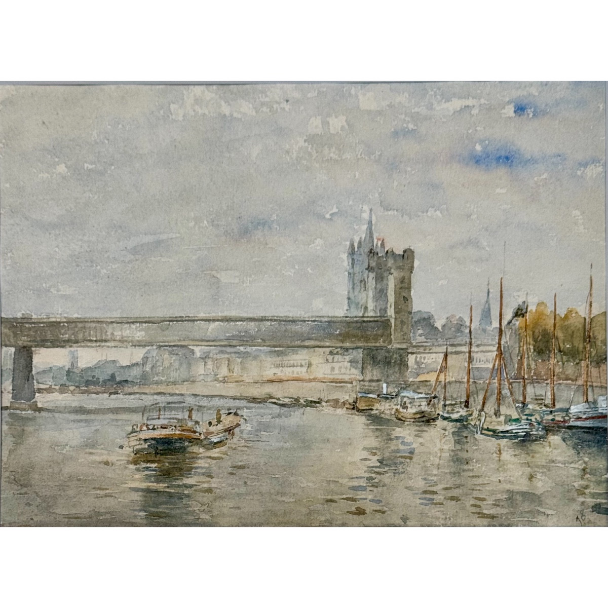 View Of London's Tower Bridge And Its Boats, Watercolor Attributed To Frank Boggs 