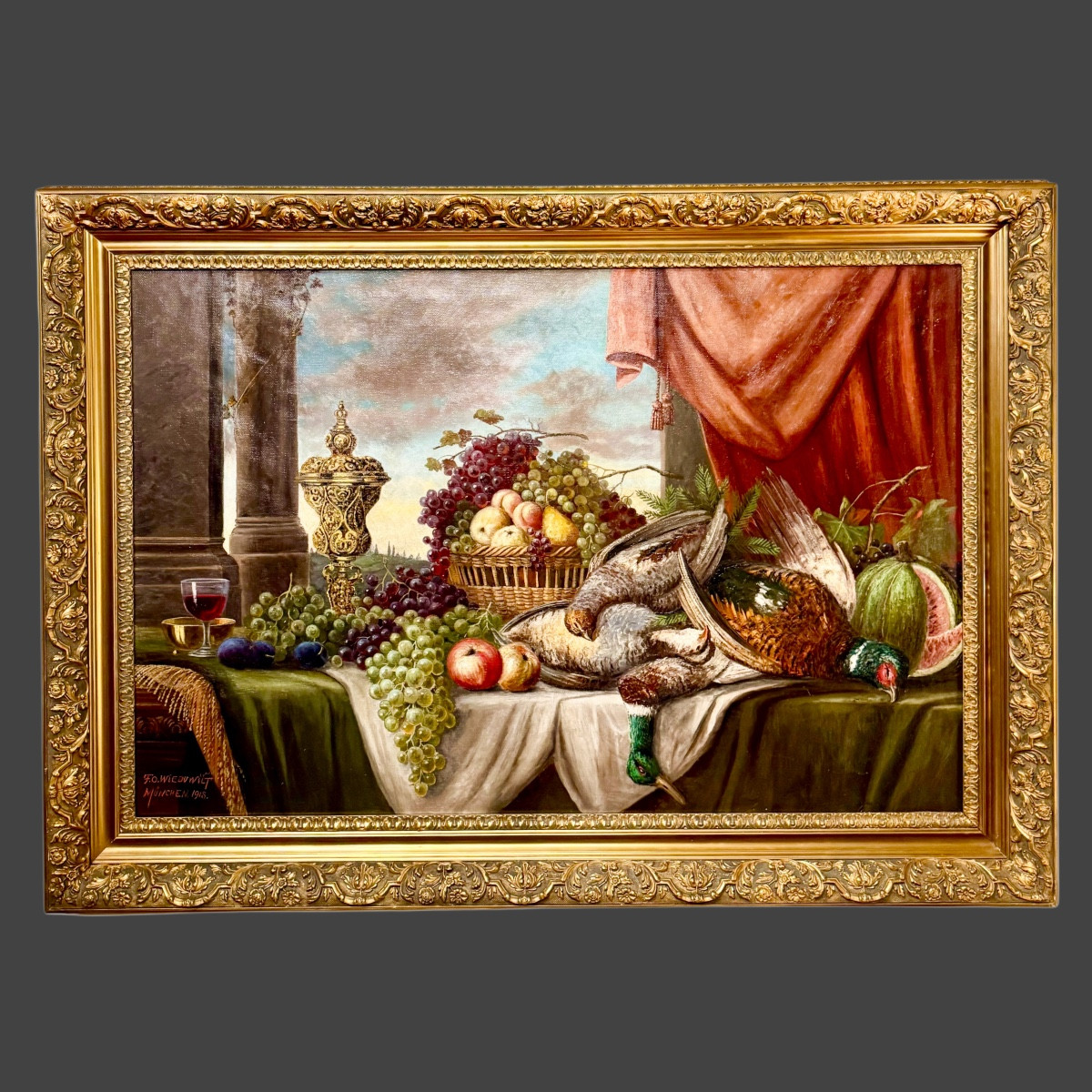 Festin de Fruits et Gibiers Nature Morte signée Wieduwilt( 1841-1930)-photo-5