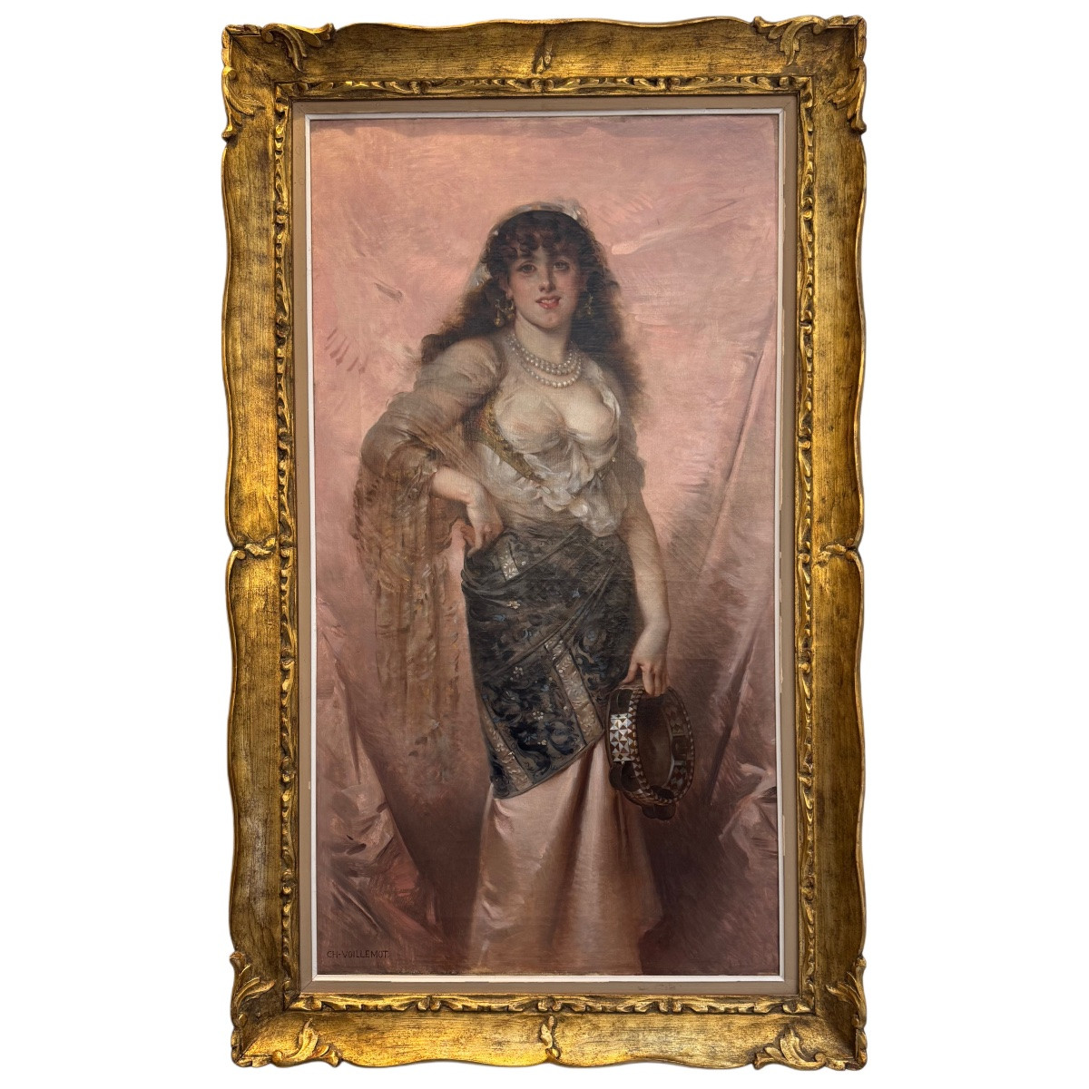 Voillemot Danseuse au tambourin, Esmeralda,  importante huile sur toile signée AC. VOILLEMOT -photo-2