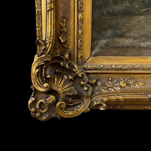 Huile sur toile "repos du paysan avec ses chevaux  de labour en bord de mer " 20ème-photo-2