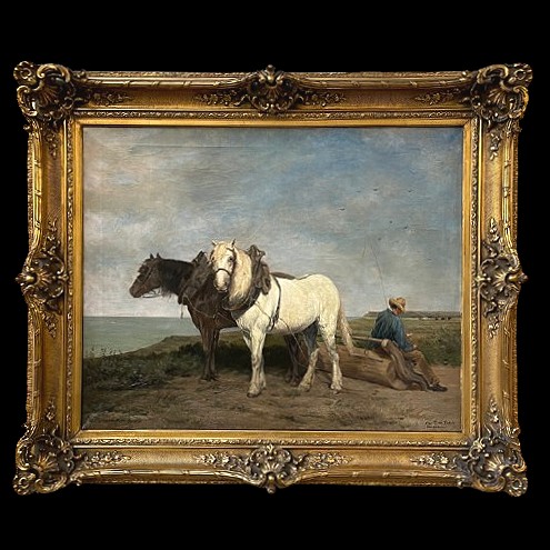 Huile sur toile "repos du paysan avec ses chevaux  de labour en bord de mer " 20ème