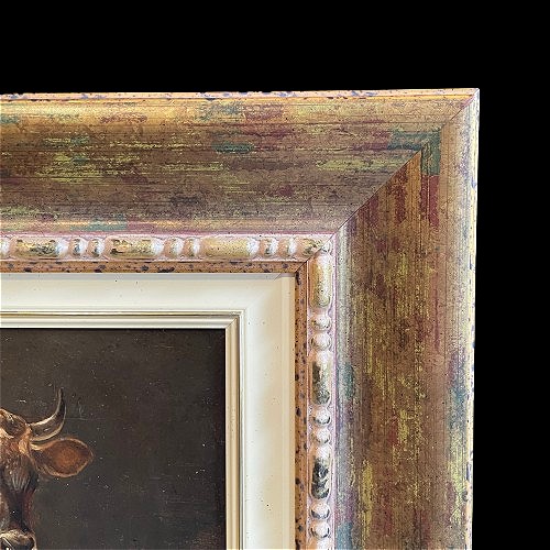 Huile sur toile scène rurale d'une vache à l'étable époque 19ème-photo-3