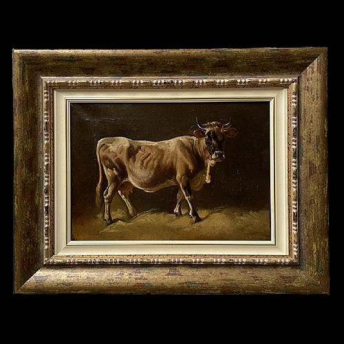 Huile sur toile scène rurale d'une vache à l'étable époque 19ème-photo-2