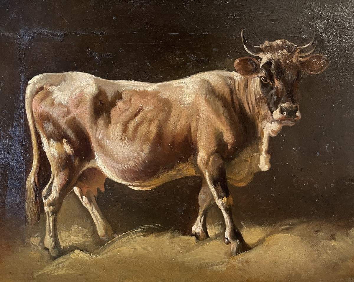 Huile sur toile scène rurale d'une vache à l'étable époque 19ème