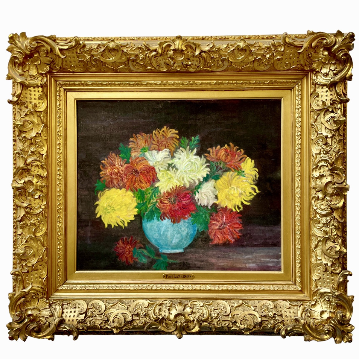 Composition  florale Vase bleu aux chrisanthèmes 