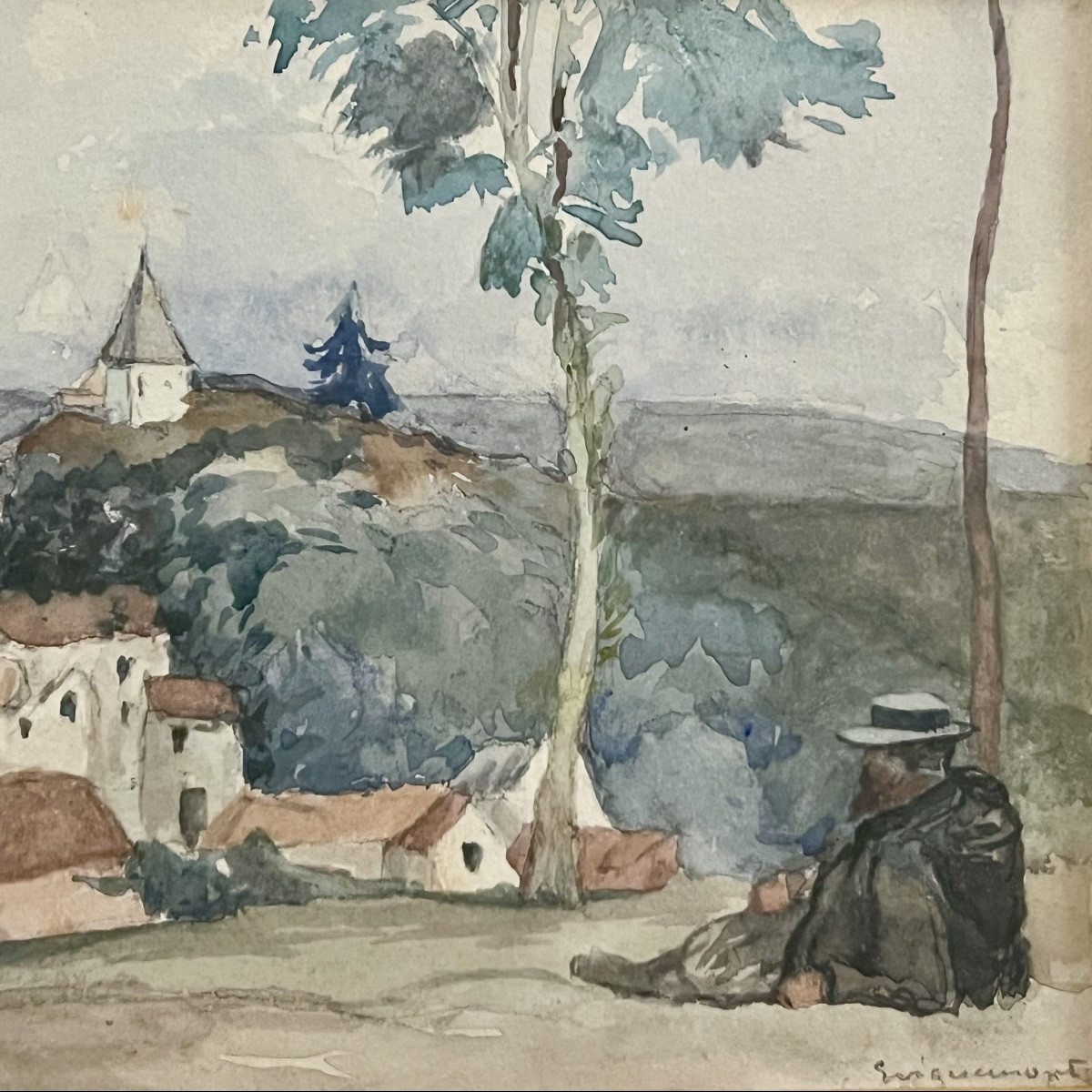Contemplation face au village aquarelle signée Lepère  bas gauche -photo-3