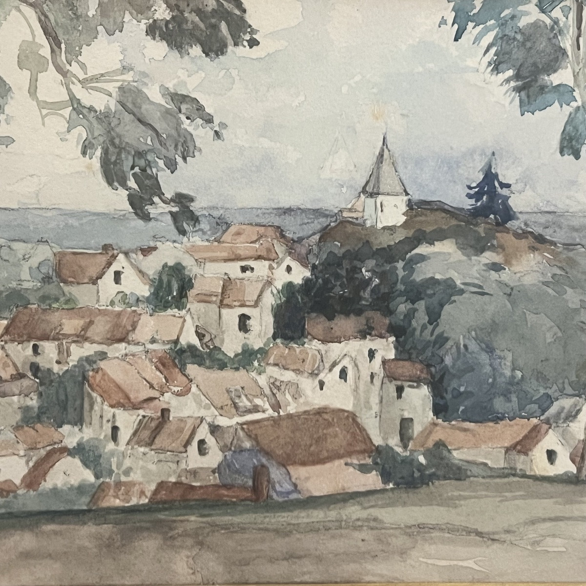 Contemplation face au village aquarelle signée Lepère  bas gauche -photo-4