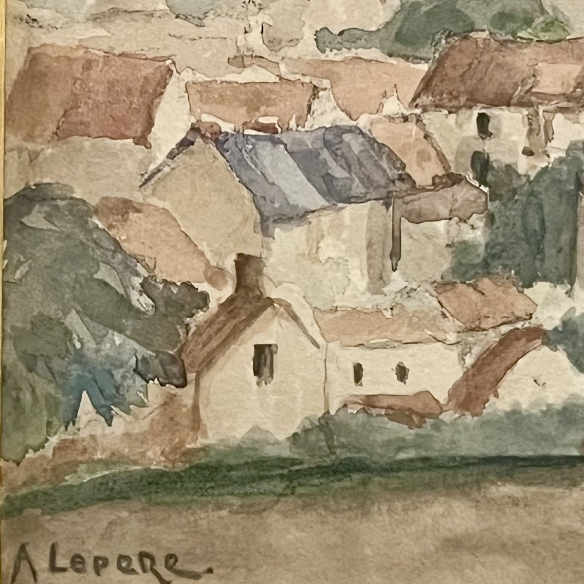 Contemplation face au village aquarelle signée Lepère  bas gauche -photo-1