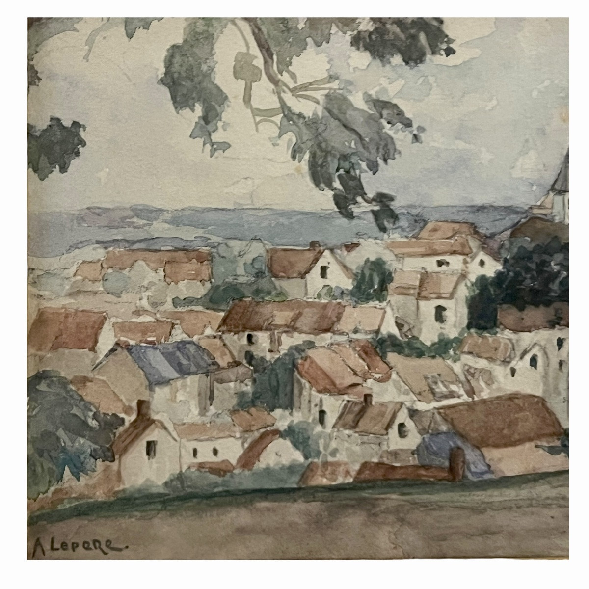 Contemplation face au village aquarelle signée Lepère  bas gauche -photo-2