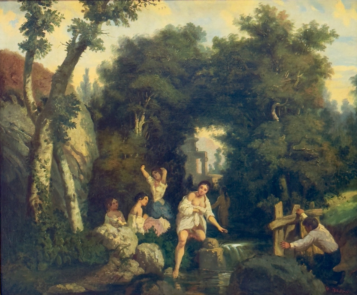 Baron: Nymphs Bathing In A Forest And Idealized Landscape.