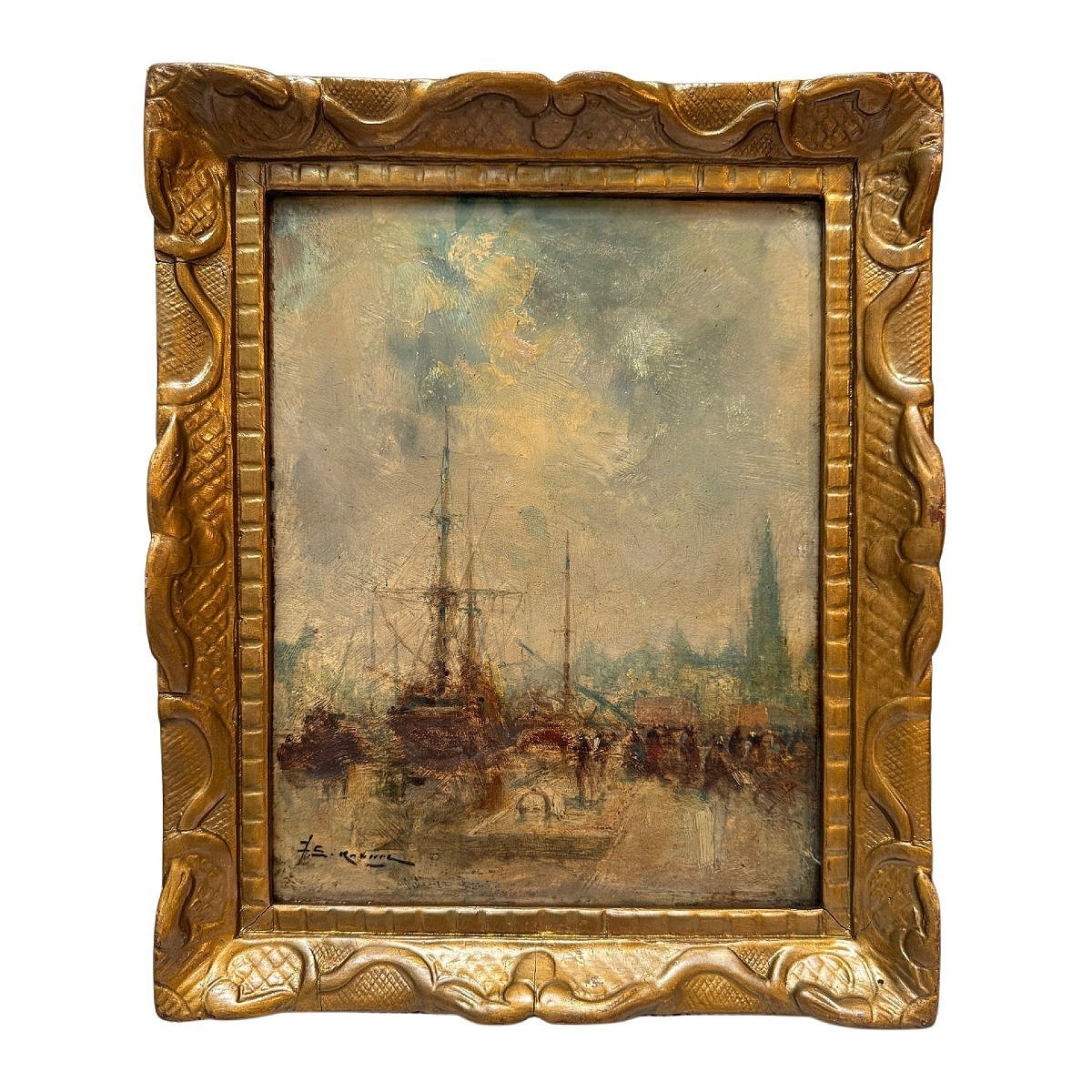 Jean-Etienne Karnec vue portuaire Rouen huile sur carton