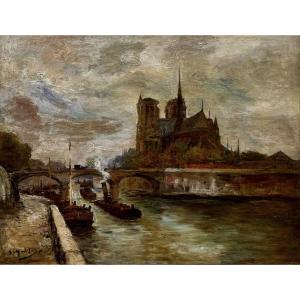 The Archbishop's Bridge And Notre Dame De Paris By Gustave Madelain (1867-1944)
