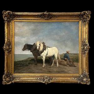 Huile sur toile "repos du paysan avec ses chevaux de labour en bord de mer " 20ème