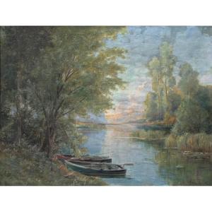 Boats On The Banks Of The Ill In Alsace Signed H.baudinot 
