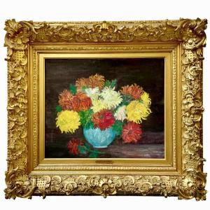Composition  florale Vase bleu aux chrisanthèmes 
