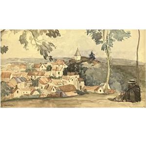 Contemplation face au village aquarelle signée Lepère  bas gauche 