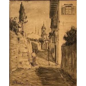 Picabia Dessin au fusain personnage dans une rue de Fuenterrabia