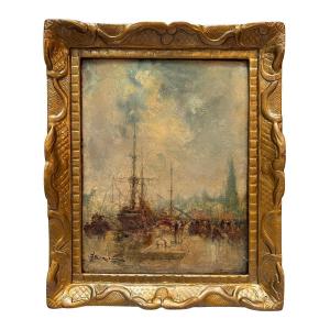 Jean-etienne Karnec, View Of The Port Of Rouen, Oil On Cardboard