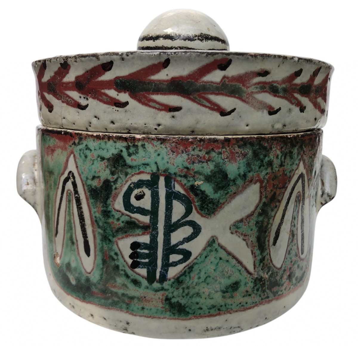 Large Covered Pot Decorated With Stylized Fish 