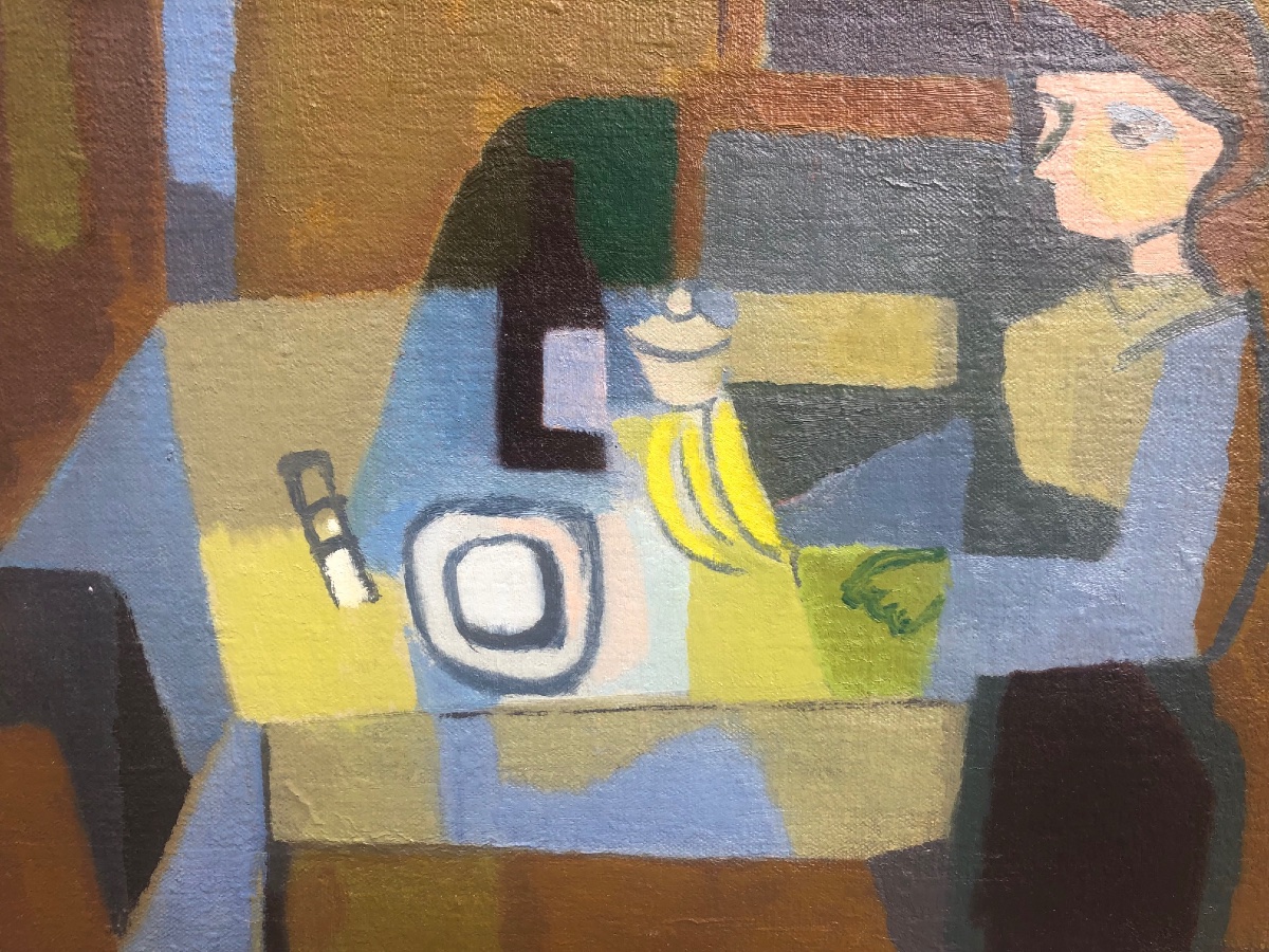femme attablée, bananes et bouteille de vin par Roger Dérieux 
