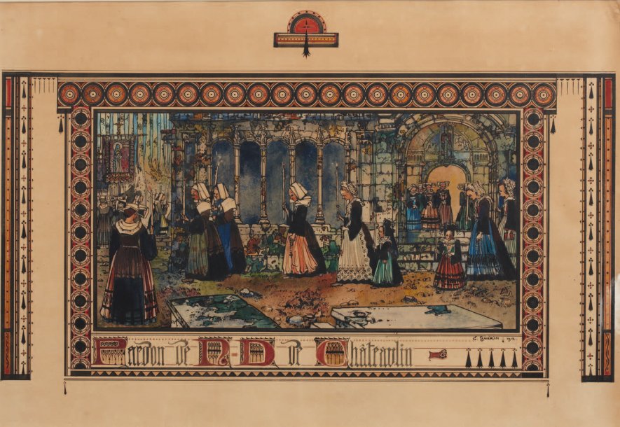 Grande Aquarelle Pardon De Châteaulin Ernest Guérin-photo-2