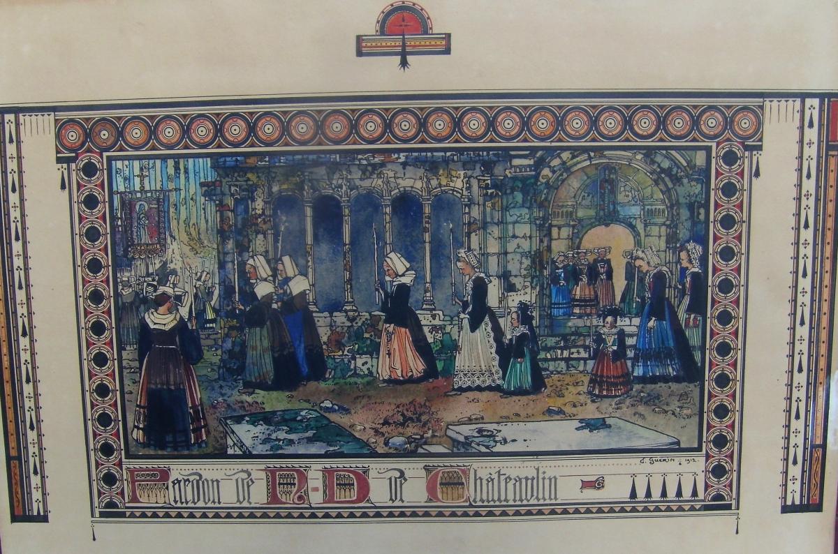 Grande Aquarelle Pardon De Châteaulin Ernest Guérin-photo-3