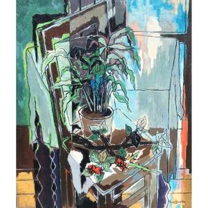 Cubist Still Life With Green Plant By Jean De Gavardie