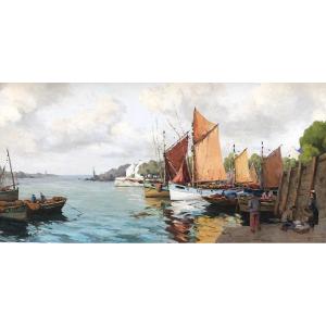 Very Large Painting Brittany, Sailboats By Yves Madec 