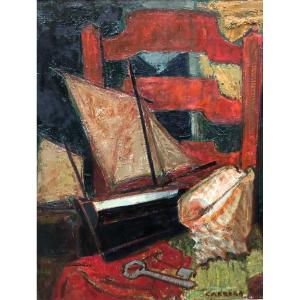 Nature morte au bateau et coquillage par Nicolas Carréga 
