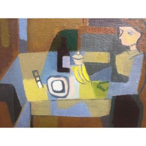 Woman Seated At A Table, Bananas, And A Bottle Of Wine By Roger Dérieux